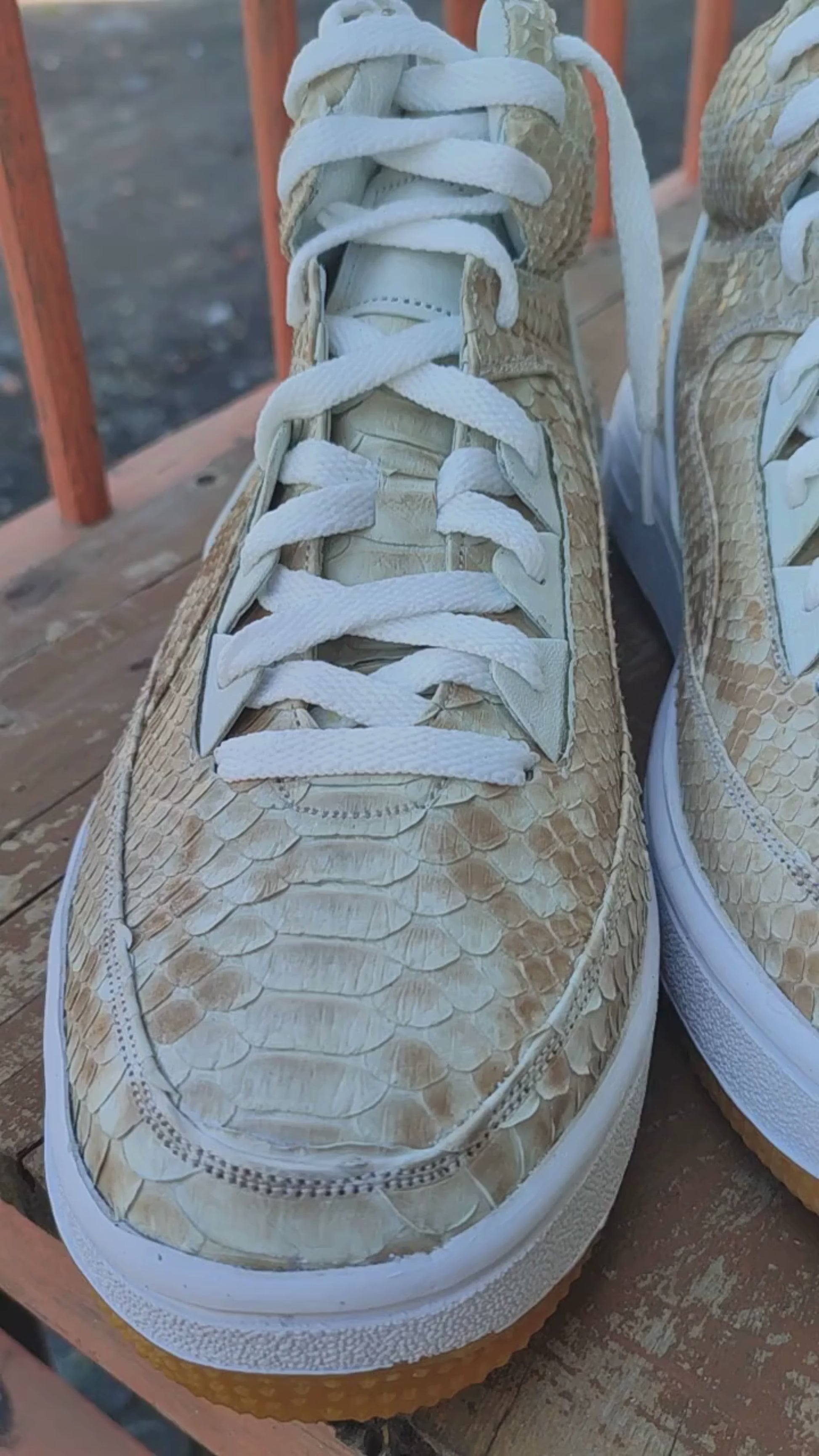 Beige Python Snakeskin Leather High-Top Sneakers