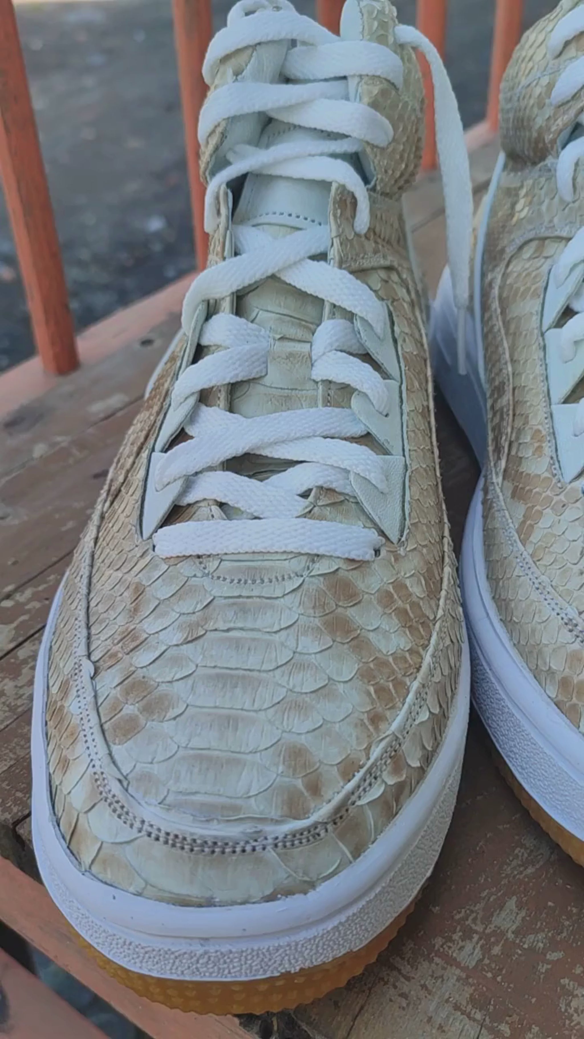 Beige Python Snakeskin Leather High-Top Sneakers