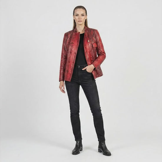 Red Python Snakeskin Mandarin Collar Jacket