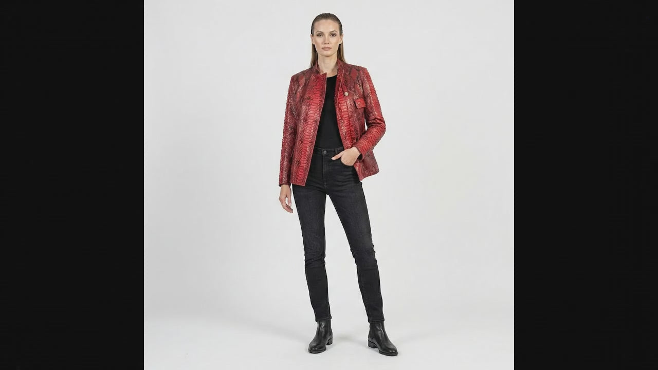 Red Python Snakeskin Mandarin Collar Jacket