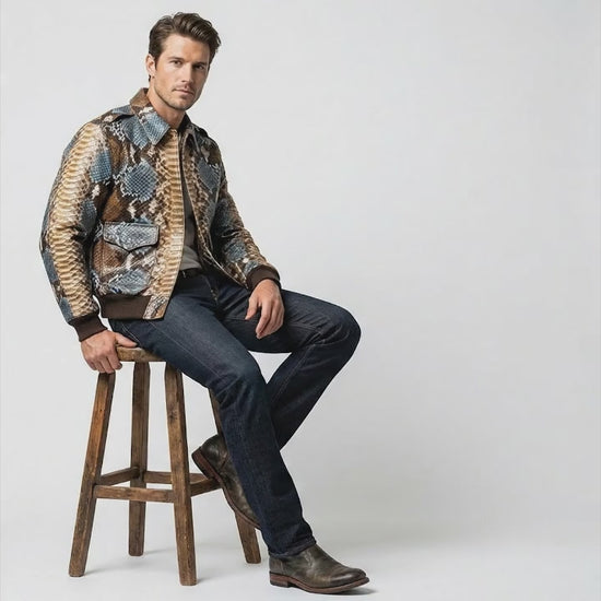 Multi Color Brown Snakeskin Bomber Jacket