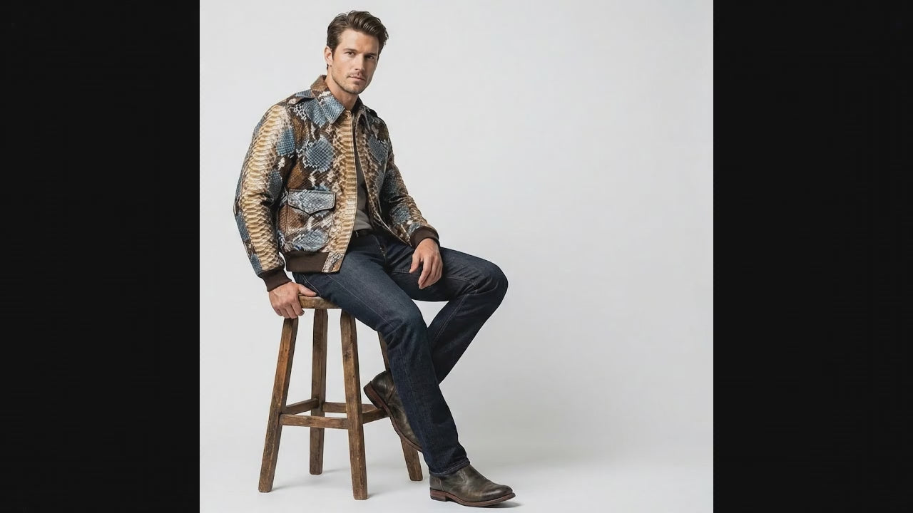 Multi Color Brown Snakeskin Bomber Jacket