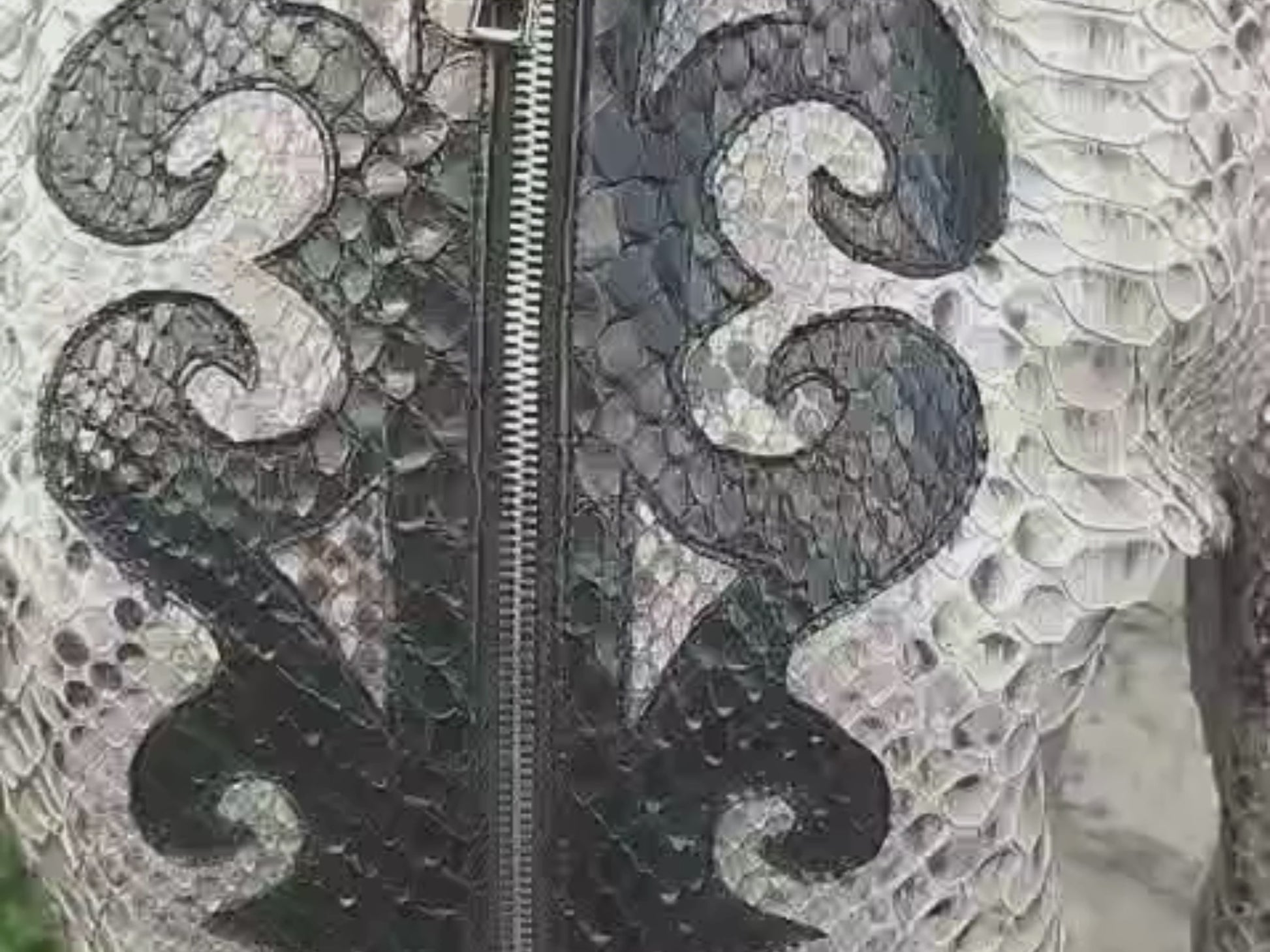 Snakeskin Two-Piece Set: Couture Skirt and Jacket with Black Appliqué
