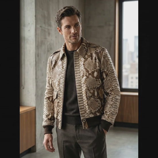 Taupe Beige Python Snakeskin Bomber Jacket