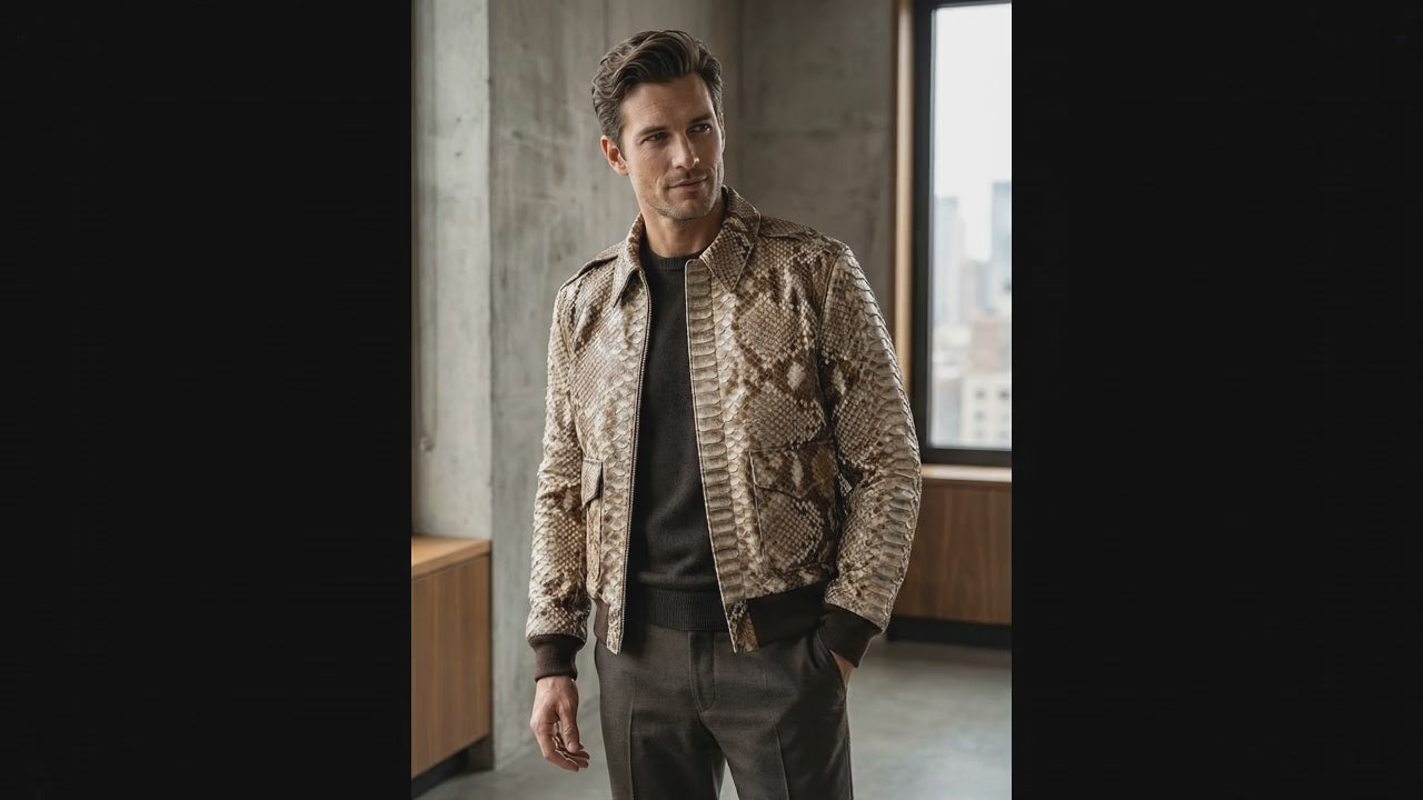 Taupe Beige Python Snakeskin Bomber Jacket