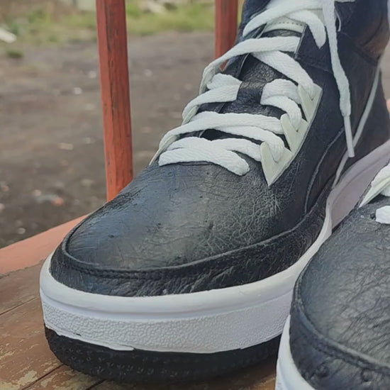 Black Ostrich Skin Leather High-Top Sneakers