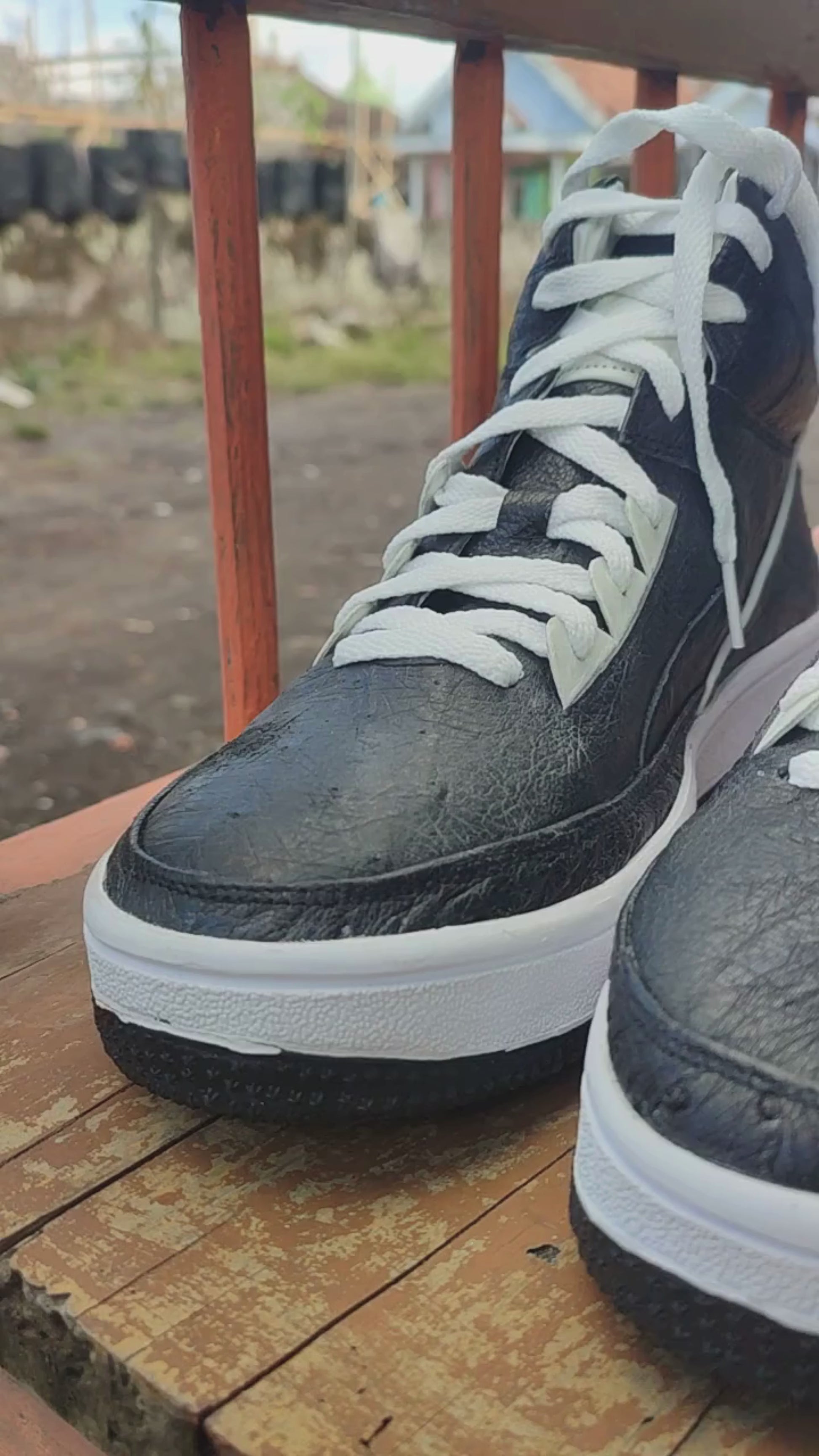 Black Ostrich Skin Leather High-Top Sneakers