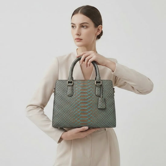 Brown Python Snakeskin Tote Satchel