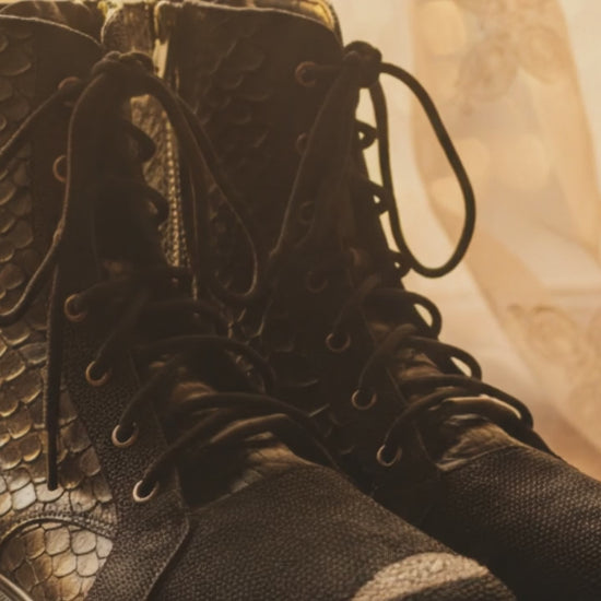 Genuine Python & Stingray Leather Boots: Black Exotic Snakeskin Unisex Combat Boots