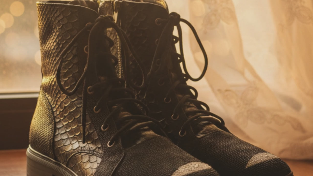 Genuine Python & Stingray Leather Boots: Black Exotic Snakeskin Unisex Combat Boots
