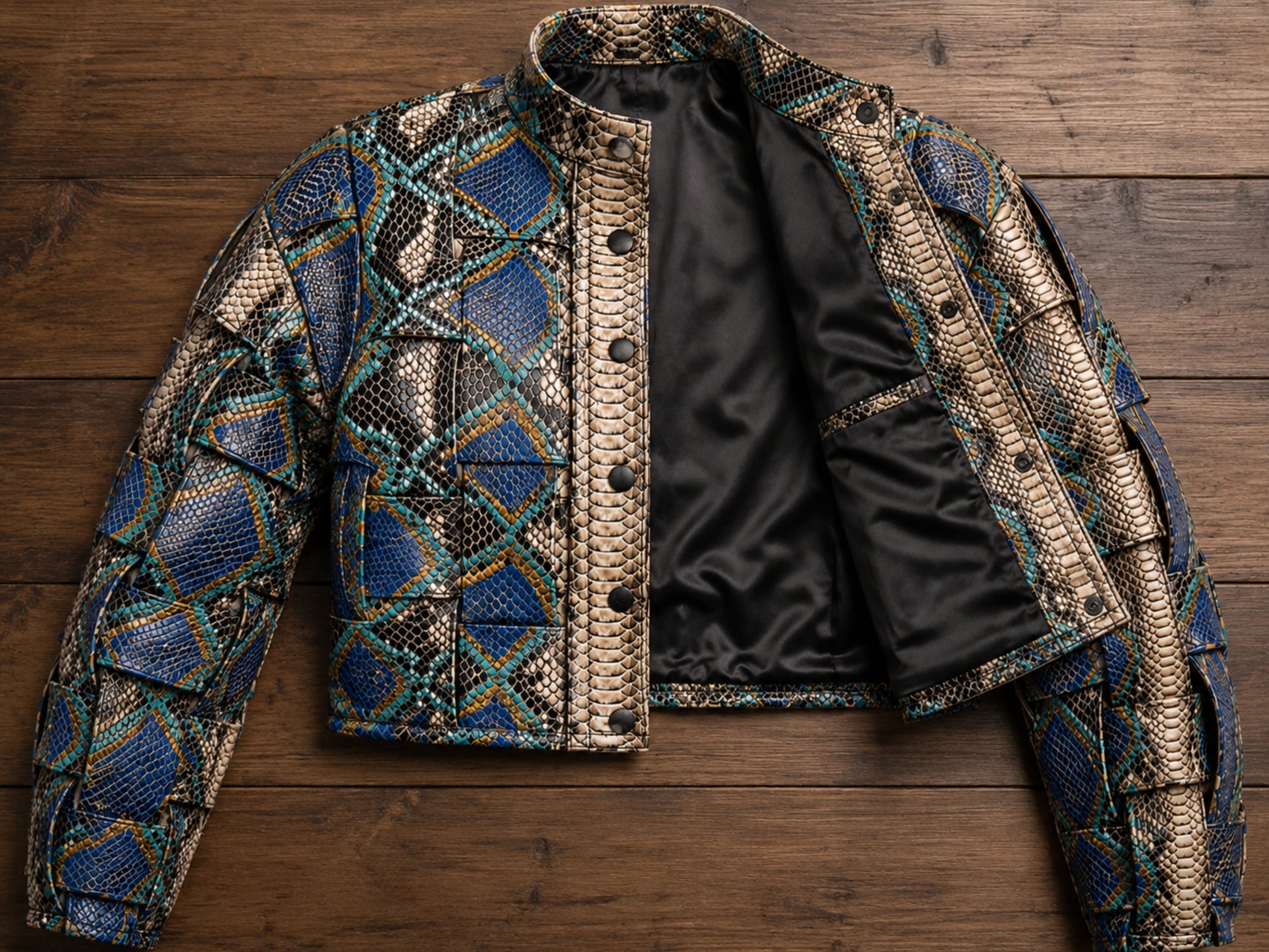 A cropped jacket with a blue, black, and beige snakeskin pattern, laid flat on a dark wood background. The jacket is open to show a black satin lining, and the sleeves are folded back.