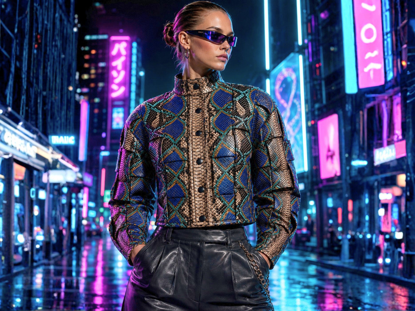 A model wearing a high-neck, long-sleeve button-up shirt with a complex geometric and snake-skin pattern in blue, gold, and black, paired with black leather pants, standing in a neon-lit city street at night.