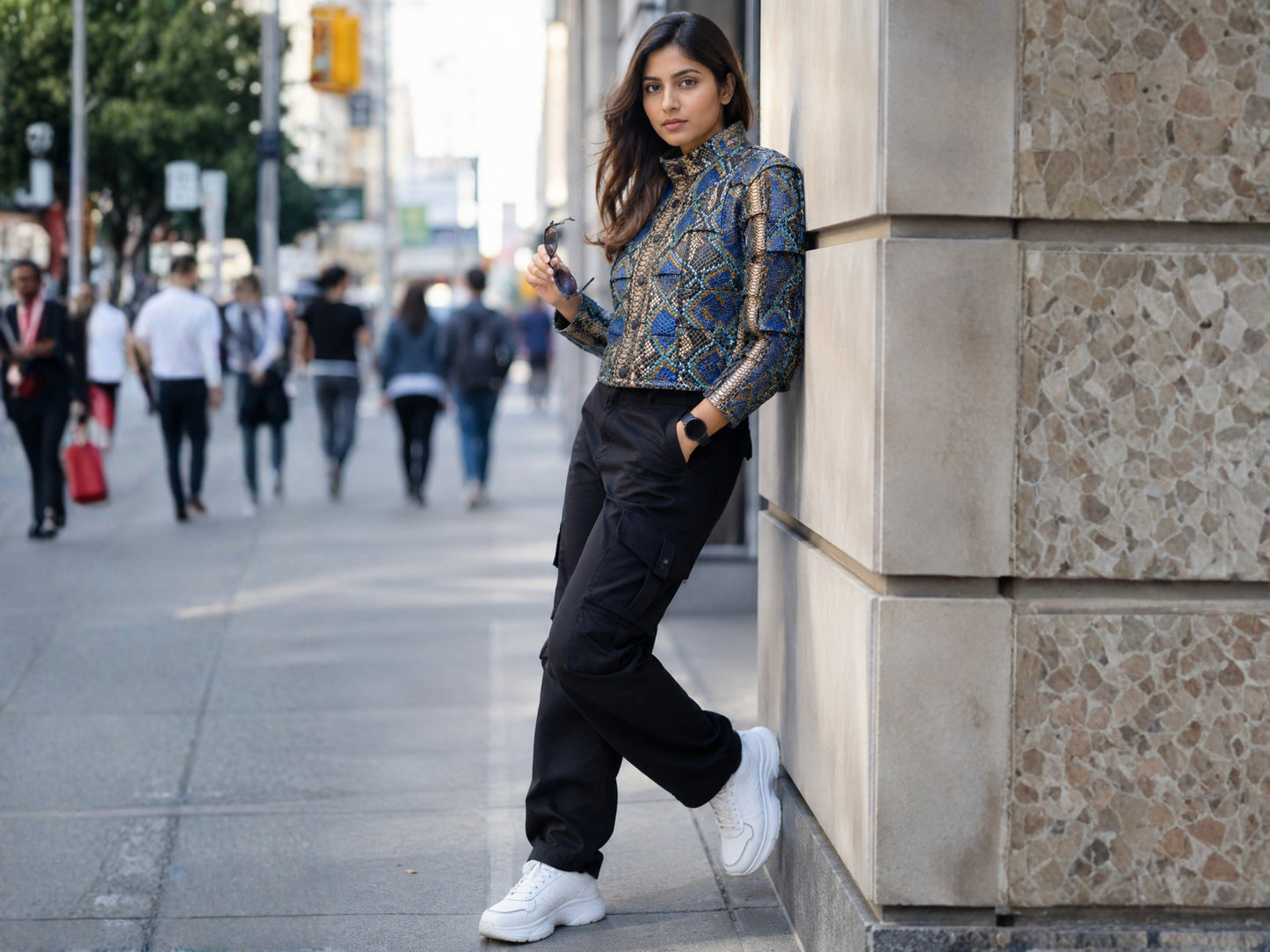 A woman posing on a city sidewalk next to a stone building, wearing a blue and gold patterned long-sleeve crop top, black cargo pants, and white sneakers.