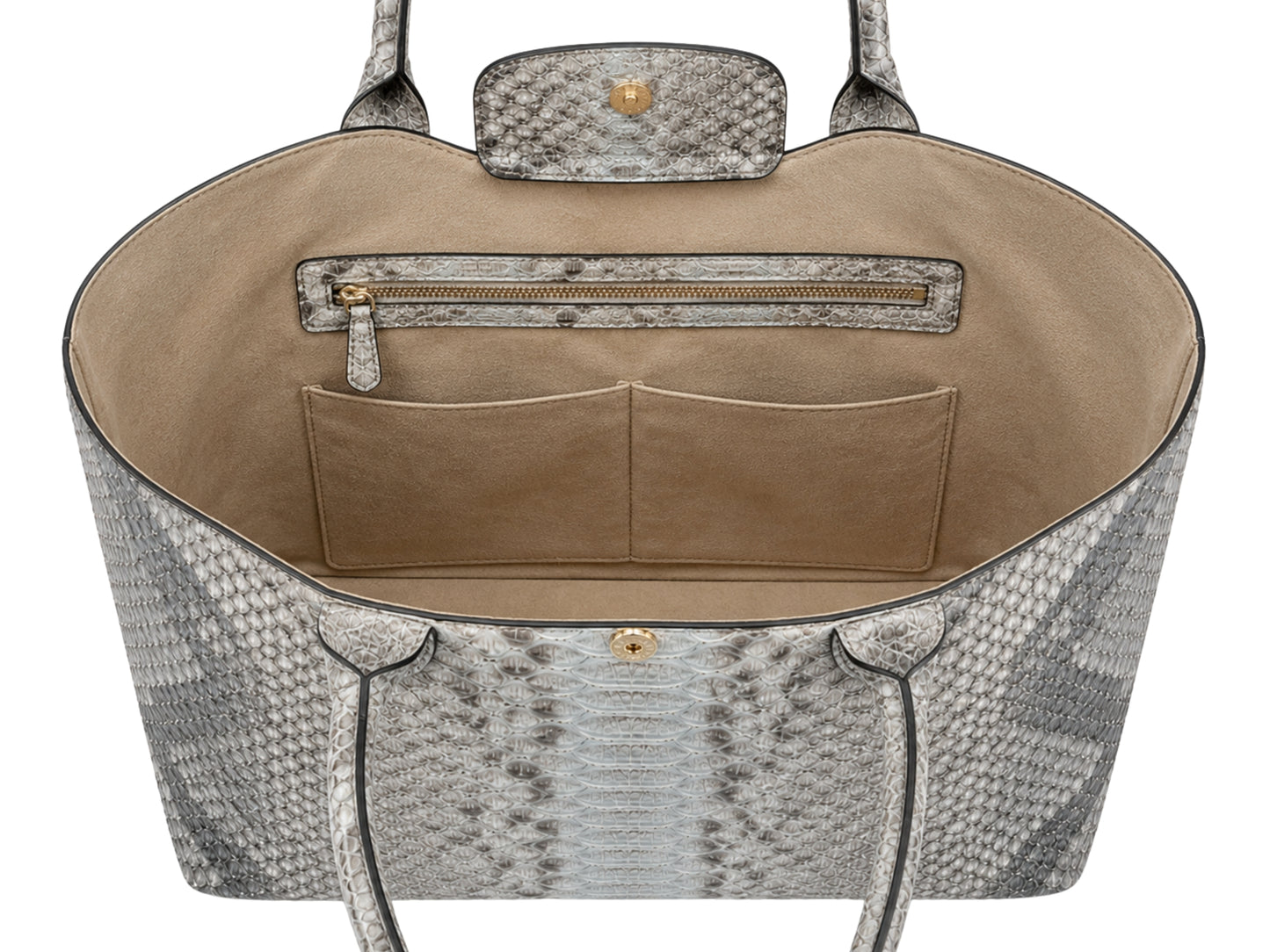 Silver gray genuine python snakeskin shoulder bag open interior showing beige lining, zip pocket and two storage compartments