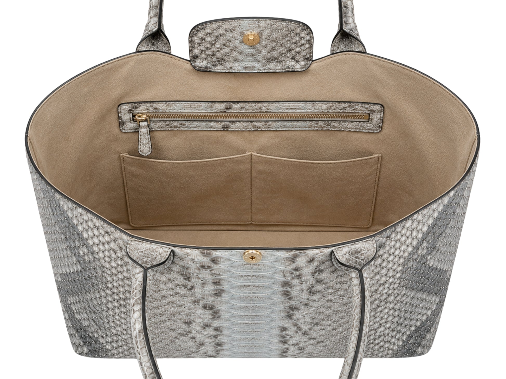 Silver gray genuine python snakeskin shoulder bag open interior showing beige lining, zip pocket and two storage compartments