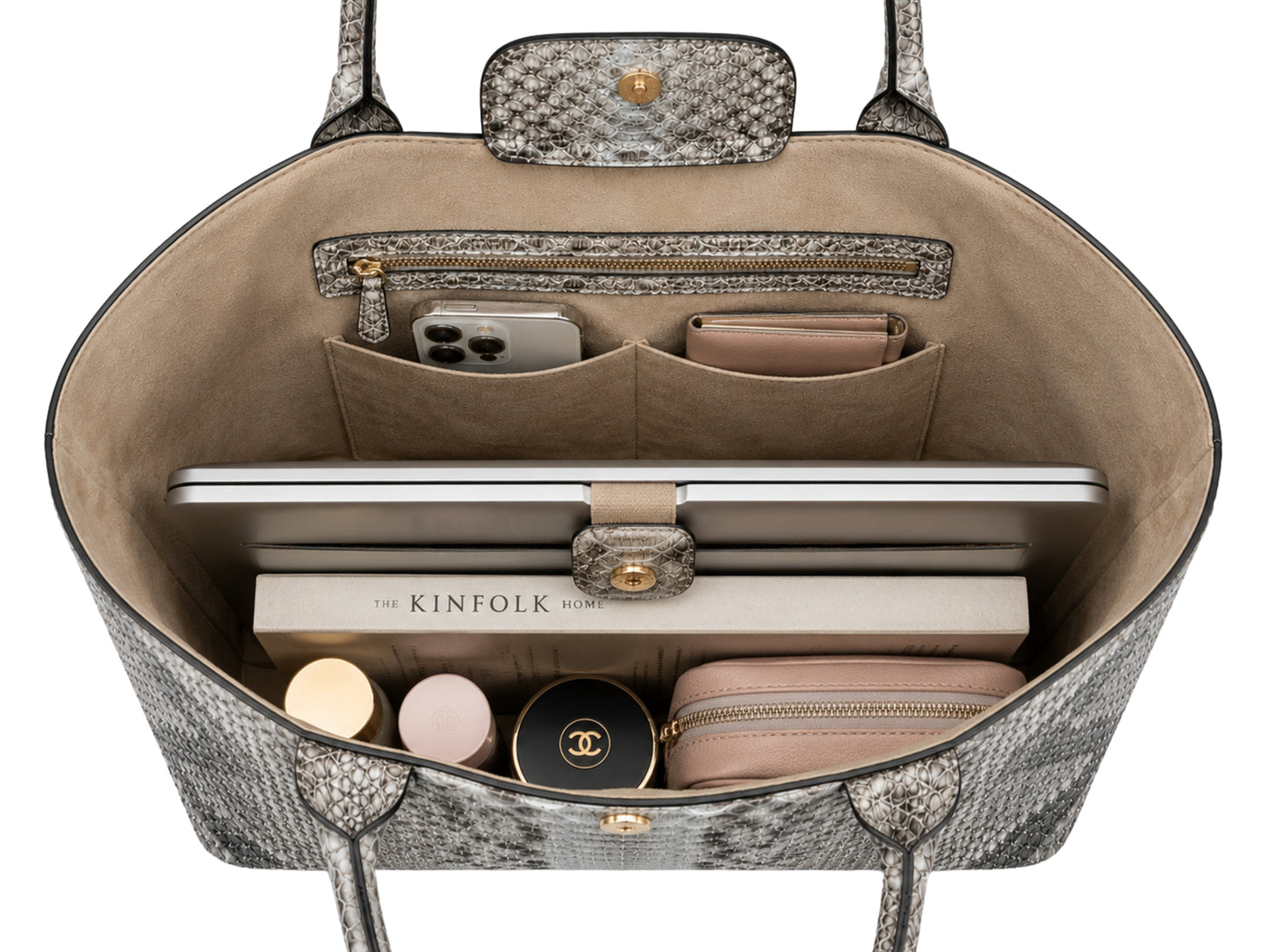 Genuine python snakeskin leather tote bag interior showing laptop, phone, wallet, book and everyday essentials storage
