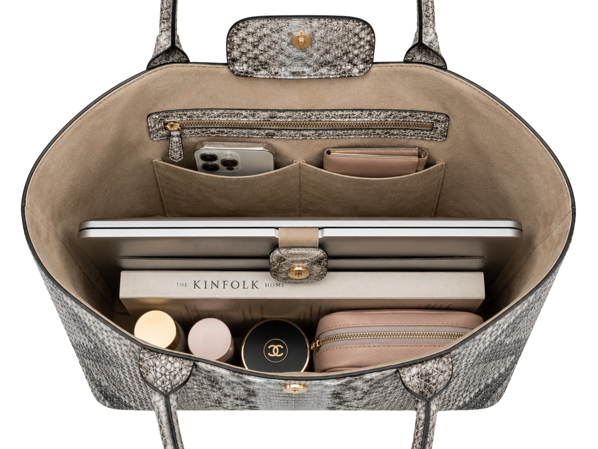 Genuine python snakeskin leather tote bag interior showing laptop, phone, wallet, book and everyday essentials storage