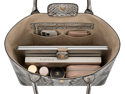 Genuine python snakeskin leather tote bag interior showing laptop, phone, wallet, book and everyday essentials storage