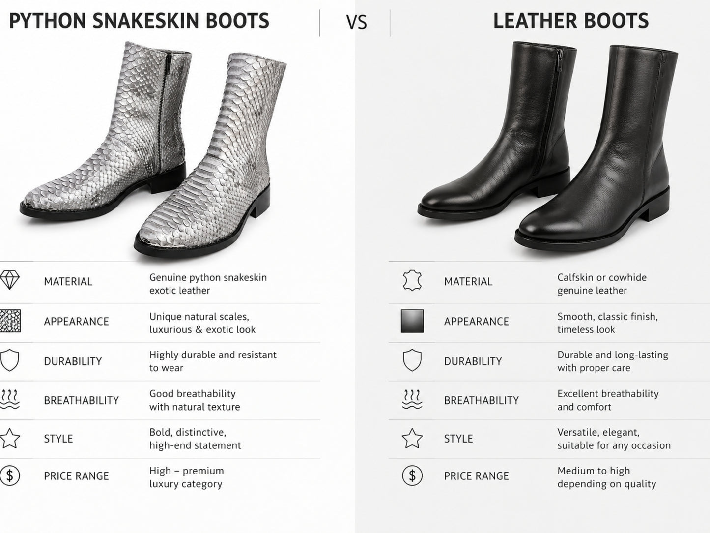 Silver gray genuine python snakeskin boots compared with classic black leather boots