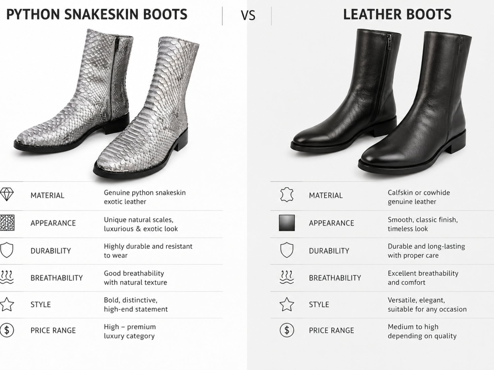 Silver gray genuine python snakeskin boots compared with classic black leather boots