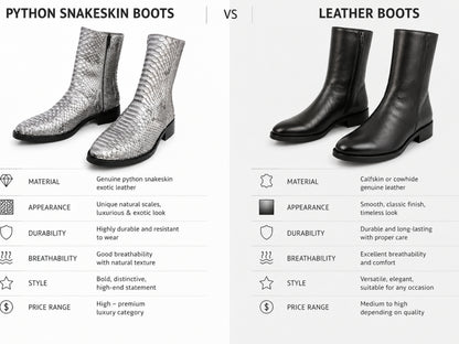Silver gray genuine python snakeskin boots compared with classic black leather boots