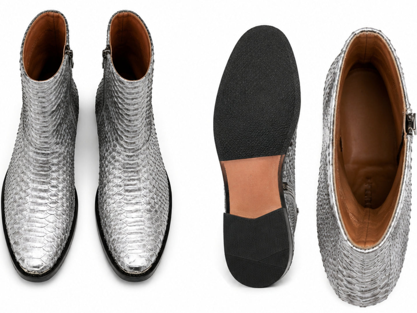 Silver gray genuine python snakeskin boots showing interior lining, scales and black outsole