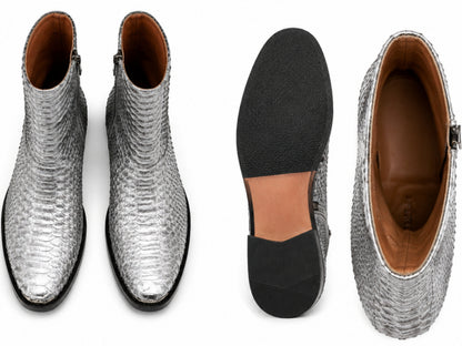 Silver gray genuine python snakeskin boots showing interior lining, scales and black outsole