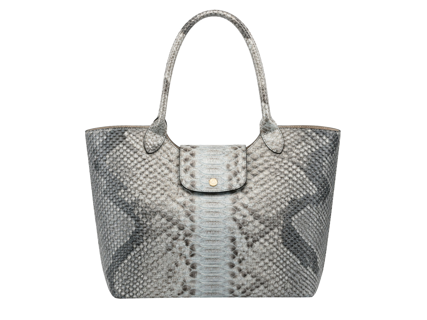 Genuine python snakeskin leather tote shoulder bag front view showing silver gray natural scale pattern and long handles