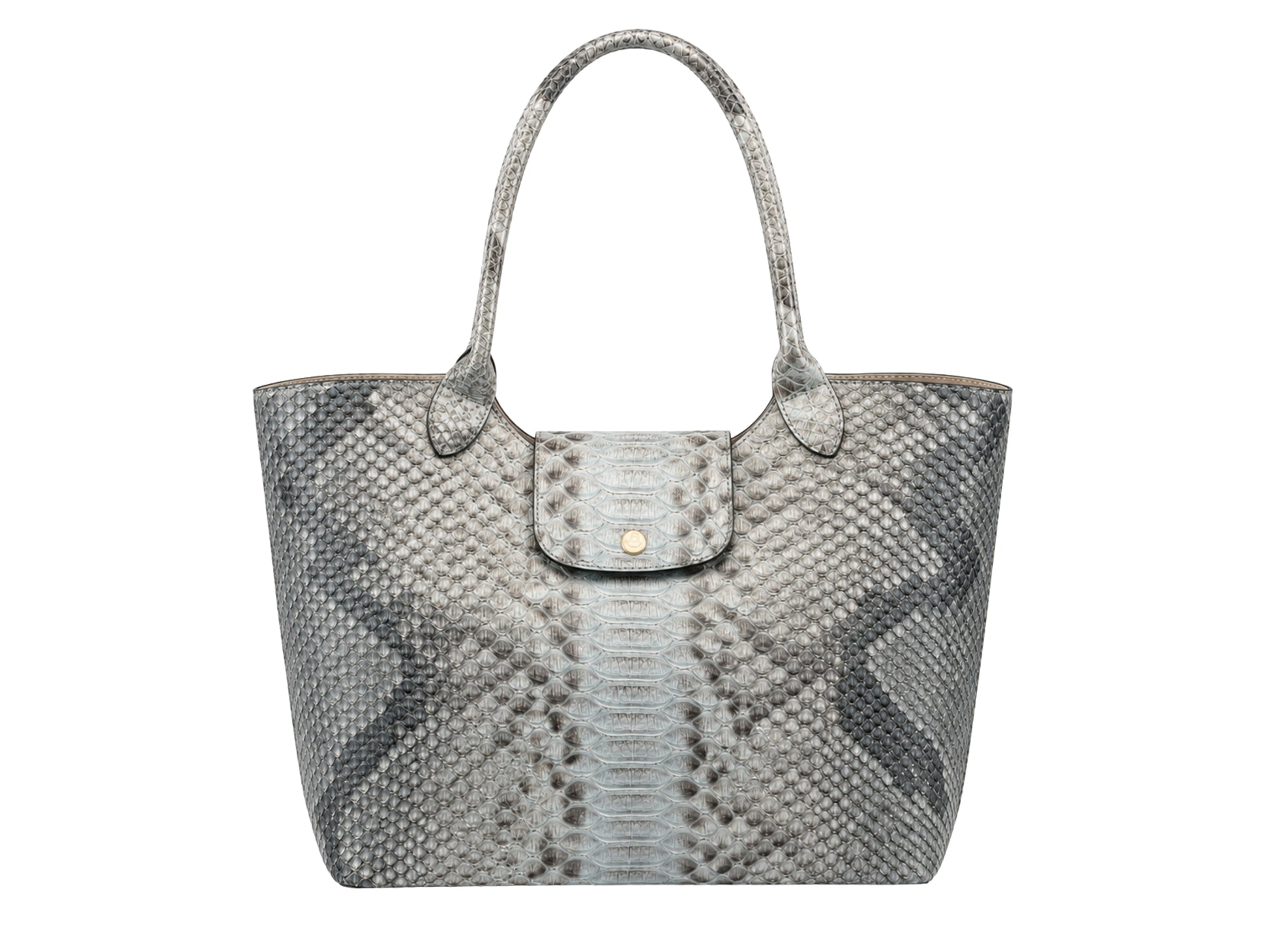 Genuine python snakeskin leather tote shoulder bag front view showing silver gray natural scale pattern and long handles