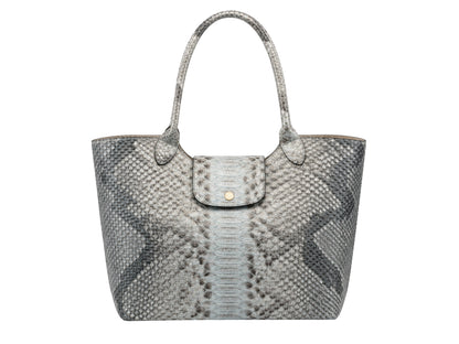 Genuine python snakeskin leather tote shoulder bag front view showing silver gray natural scale pattern and long handles
