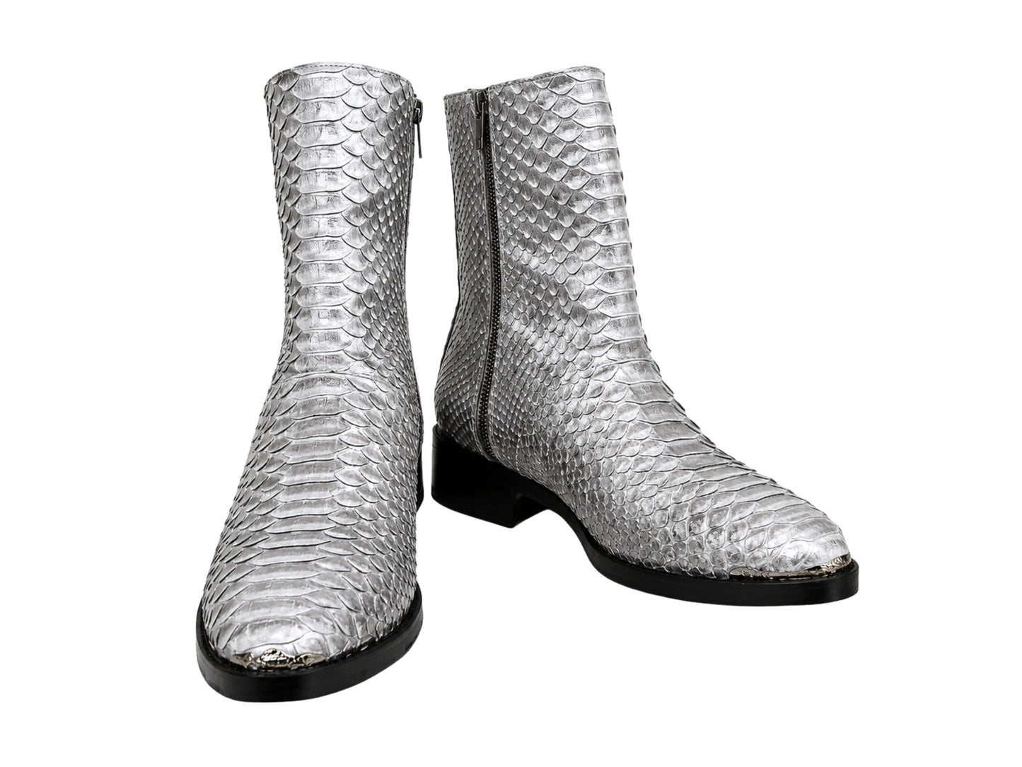 Pair of genuine silver gray python snakeskin leather boots with black soles and heels