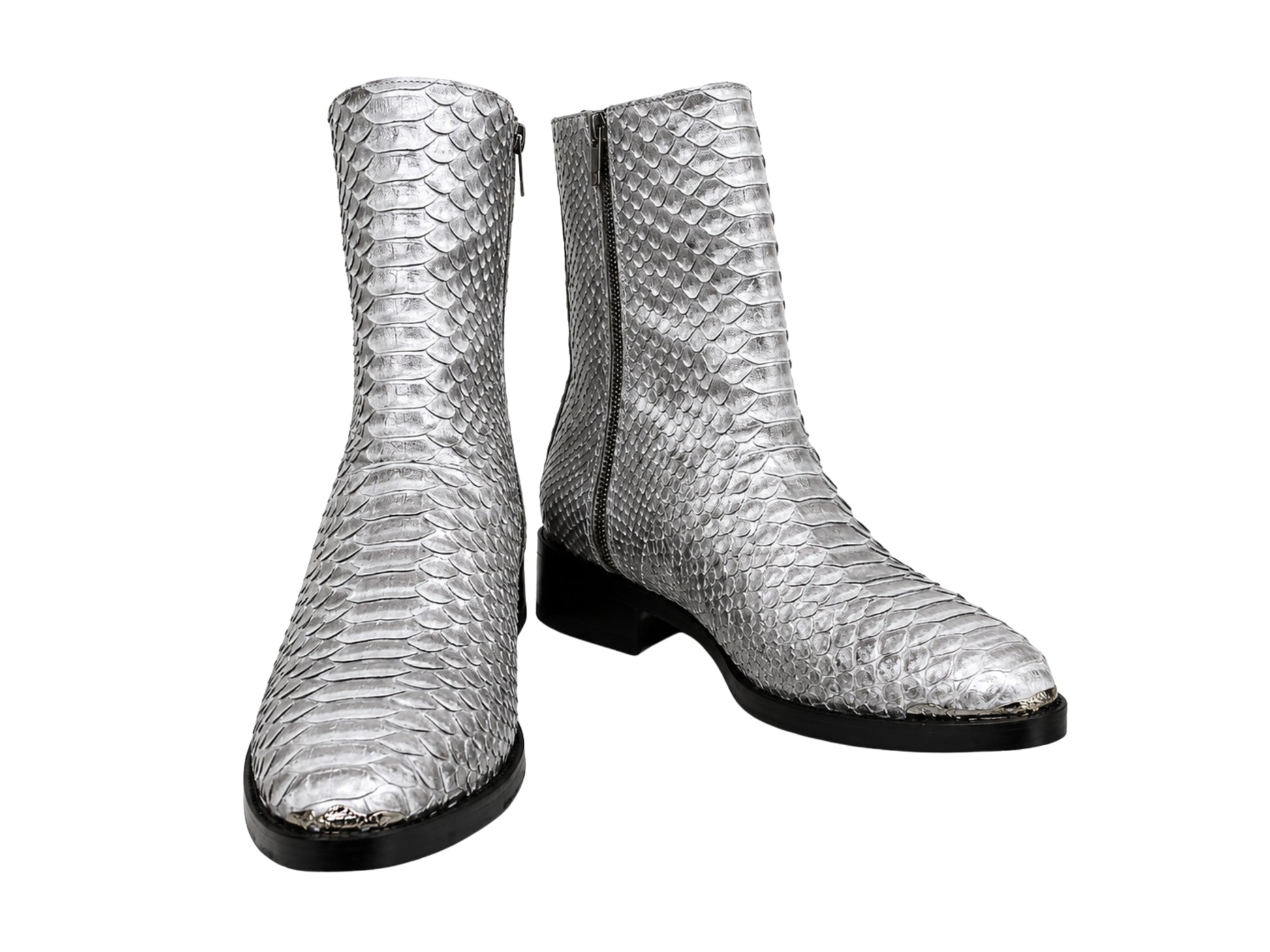Pair of genuine silver gray python snakeskin leather boots with black soles and heels