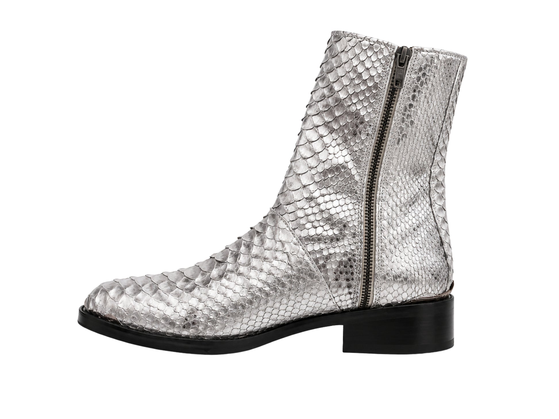 Rear view of genuine silver gray python snakeskin men's boots with black stacked heels