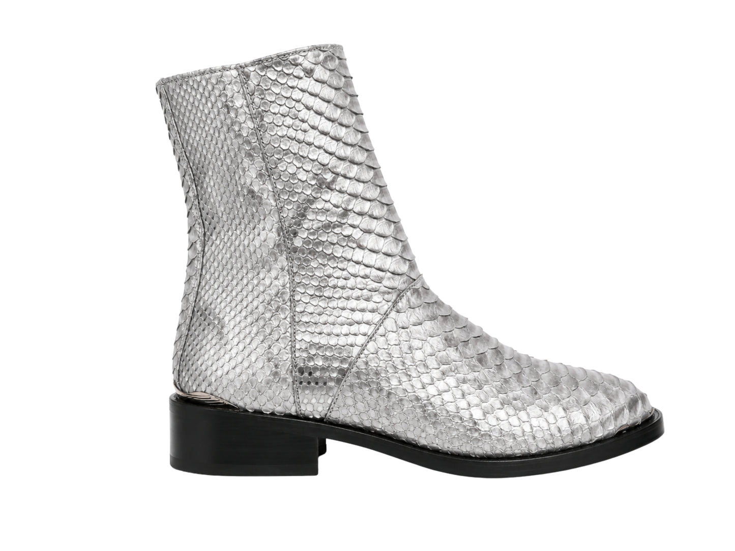 Side profile of silver gray genuine python snakeskin boot with black zipper and heel