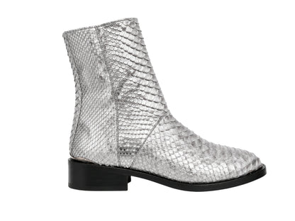 Side profile of silver gray genuine python snakeskin boot with black zipper and heel