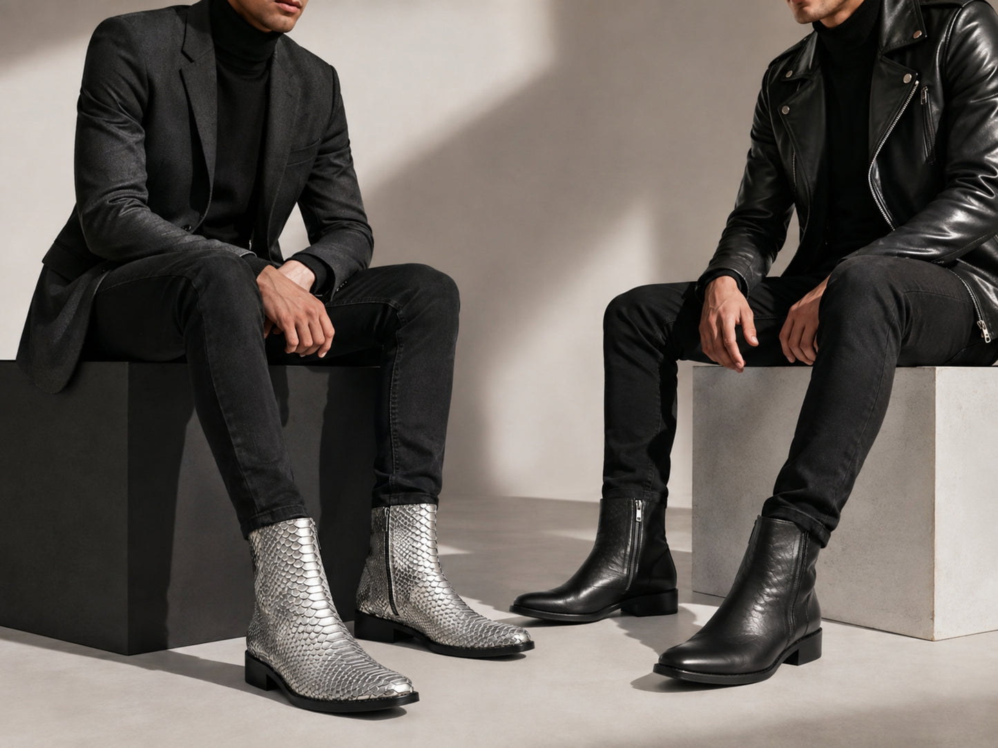 Men wearing silver gray genuine python snakeskin boots with black leather fashion outfits