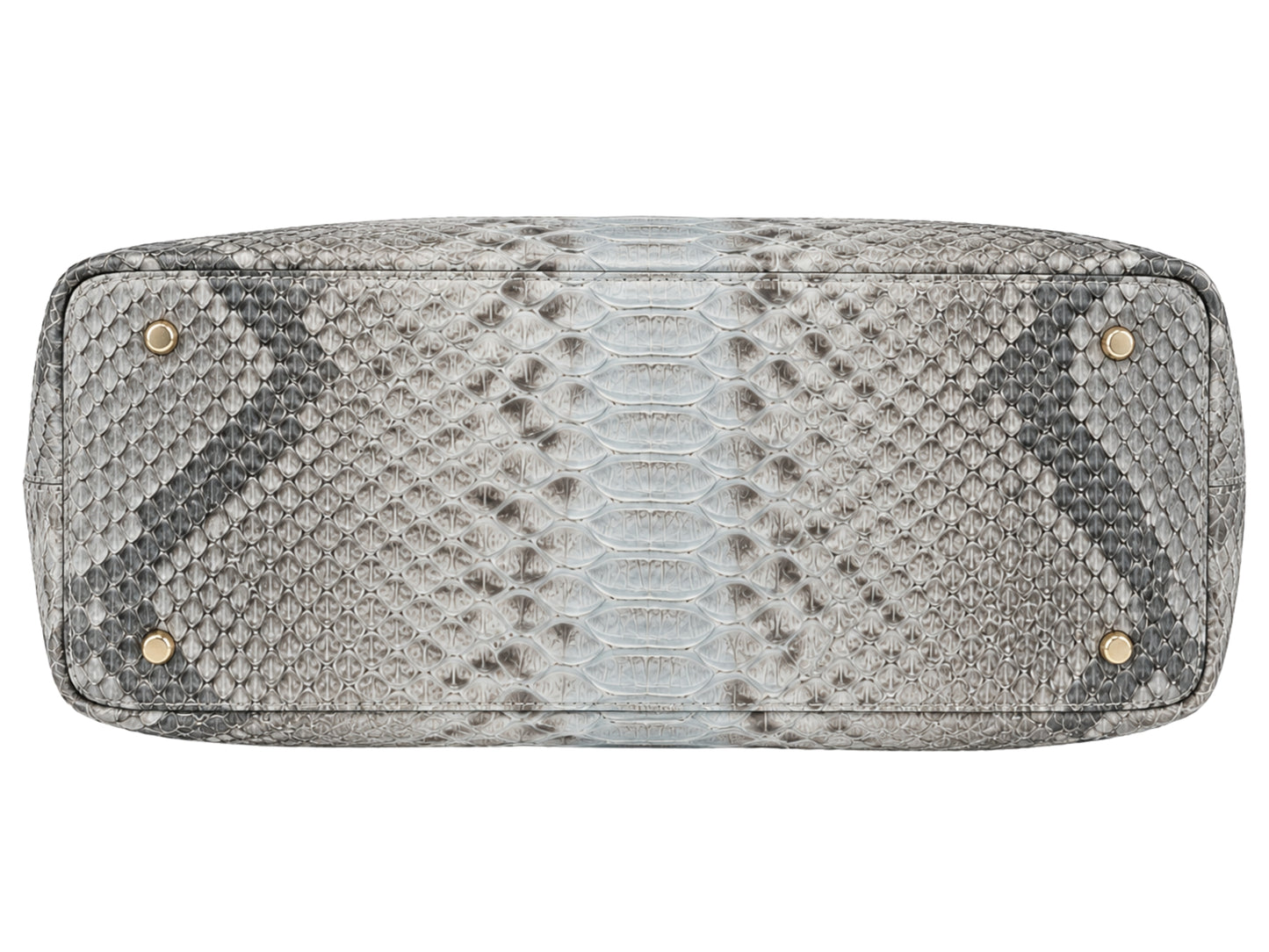 Genuine silver gray python snakeskin leather shoulder bag bottom view showing natural scale pattern and gold-tone feet
