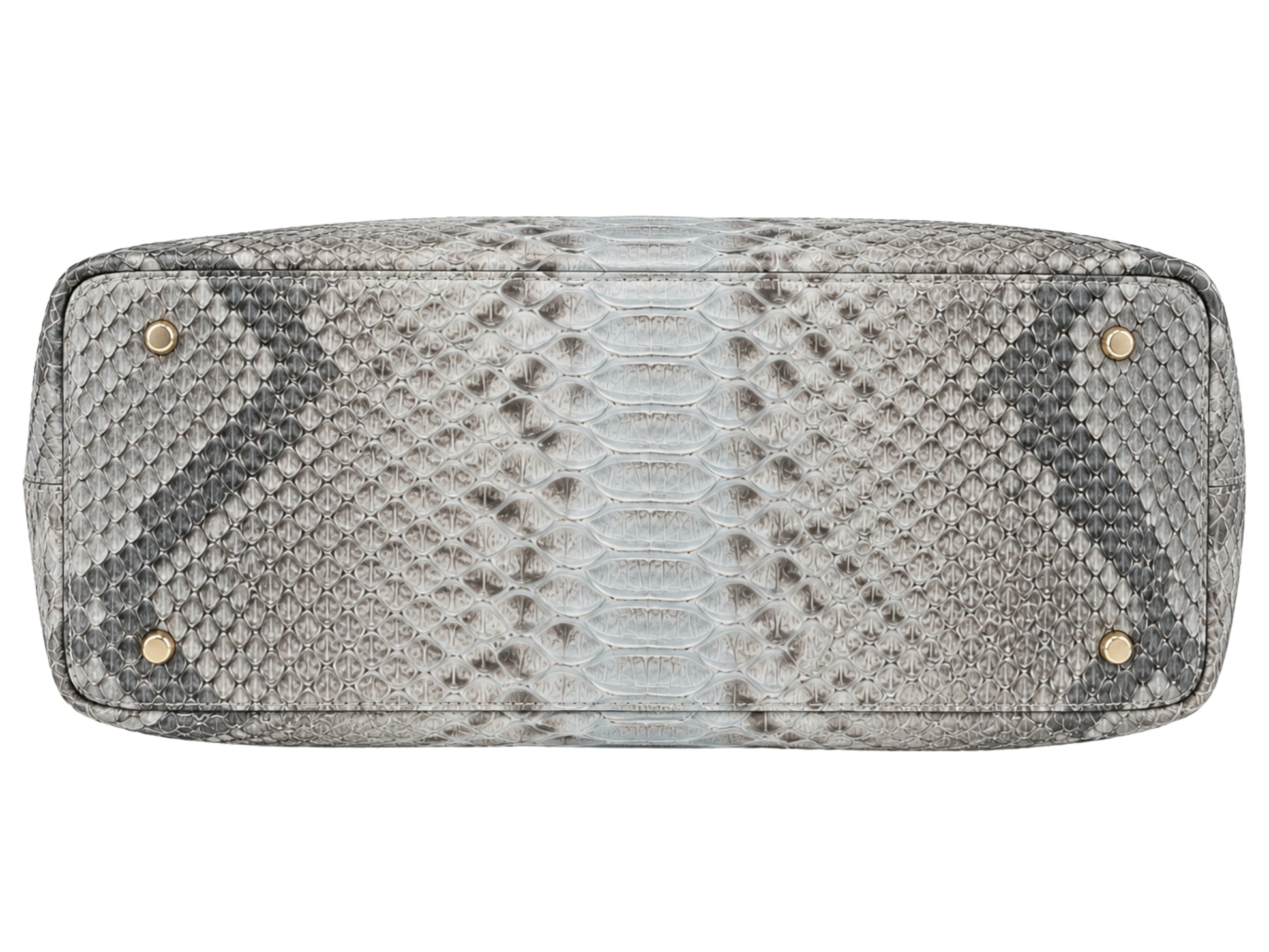 Genuine silver gray python snakeskin leather shoulder bag bottom view showing natural scale pattern and gold-tone feet