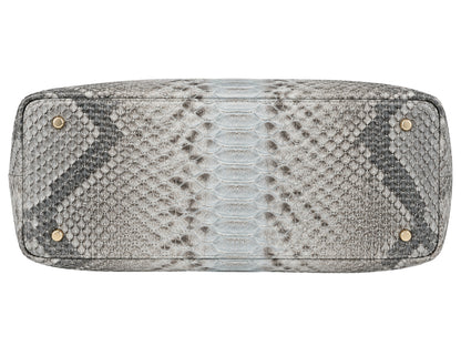 Genuine silver gray python snakeskin leather shoulder bag bottom view showing natural scale pattern and gold-tone feet