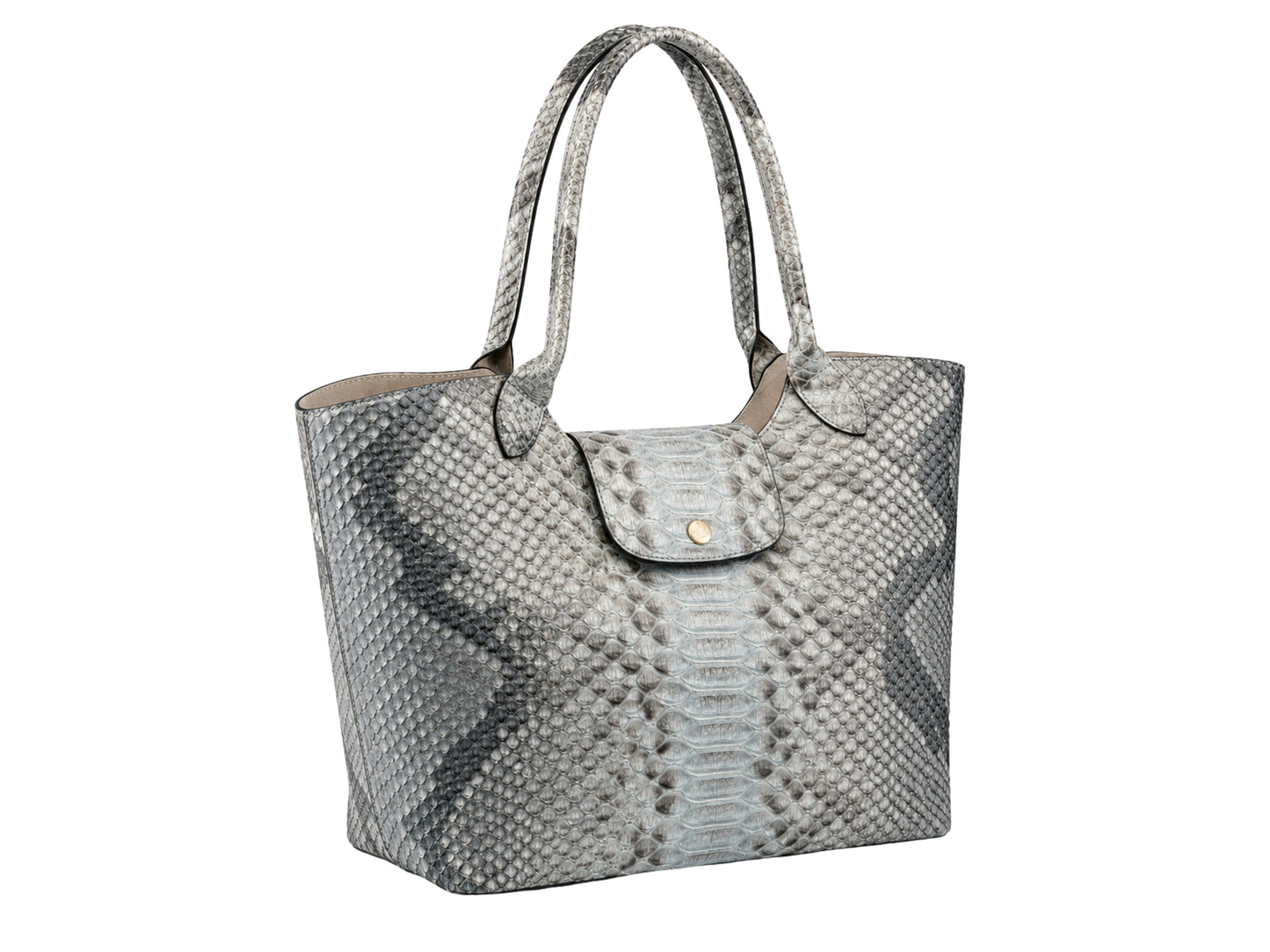Silver gray genuine python snakeskin leather tote shoulder bag three-quarter view with structured shape and gold-tone snap