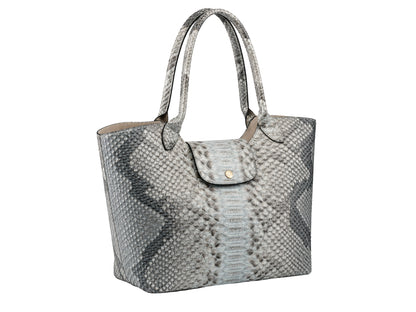 Silver gray genuine python snakeskin leather tote shoulder bag three-quarter view with structured shape and gold-tone snap