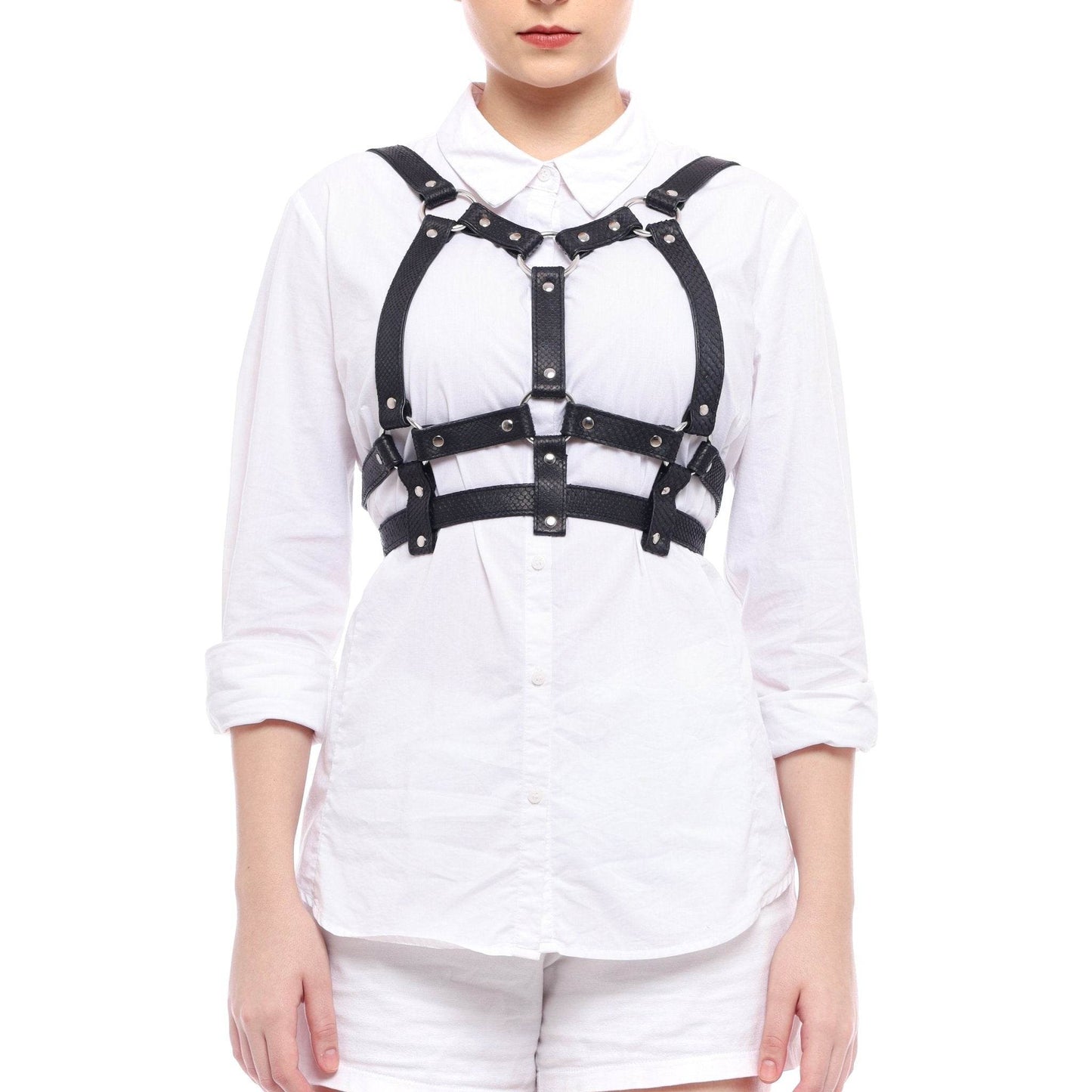 Snakeskin Leather Bondage Harness with Sexy Strap On Breast
