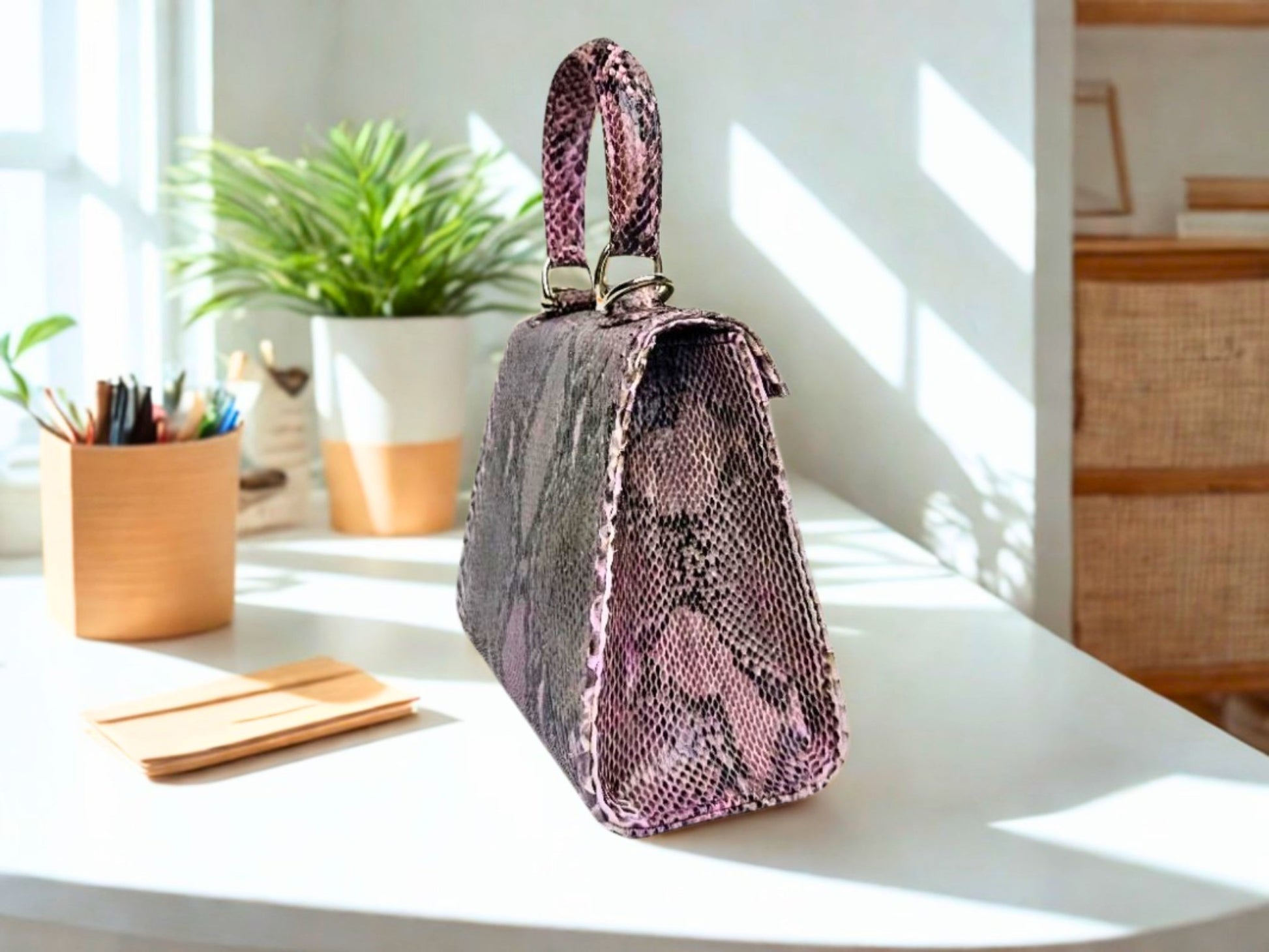 Snakeskin To Handle Bag on side view