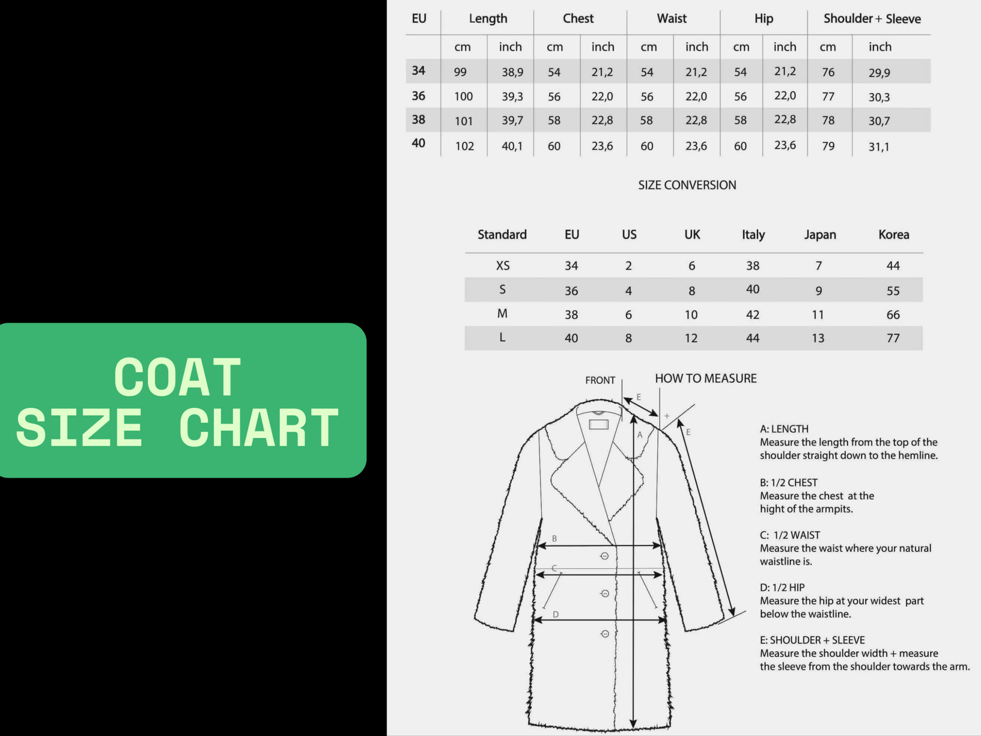 coat size chart