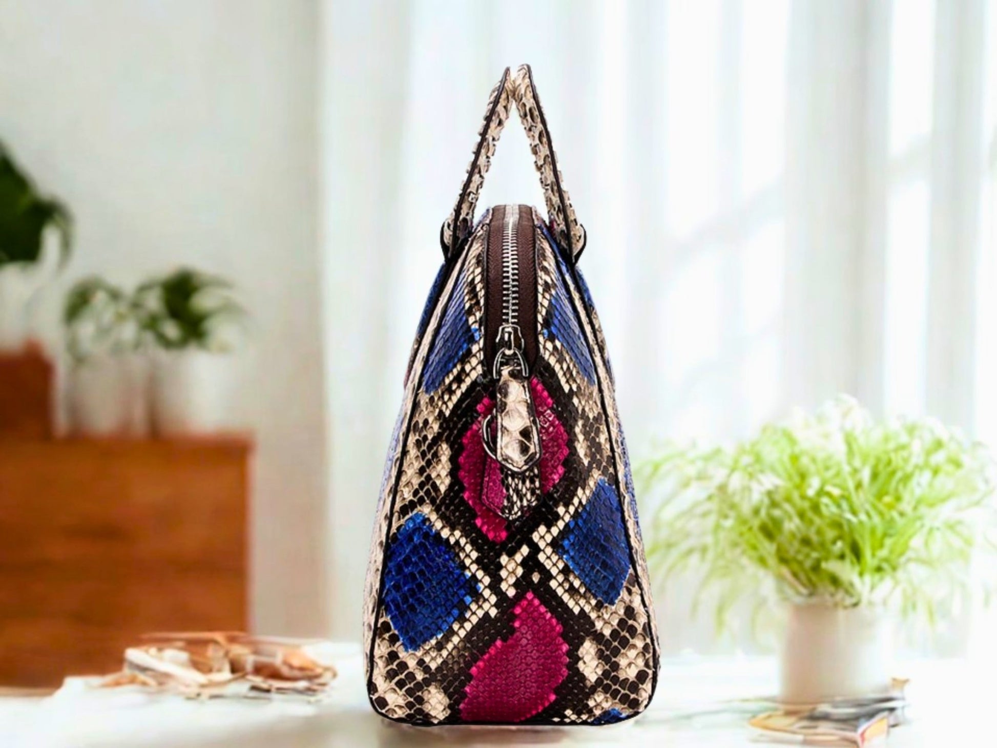 Top Handle Snakeskin Bag on side view