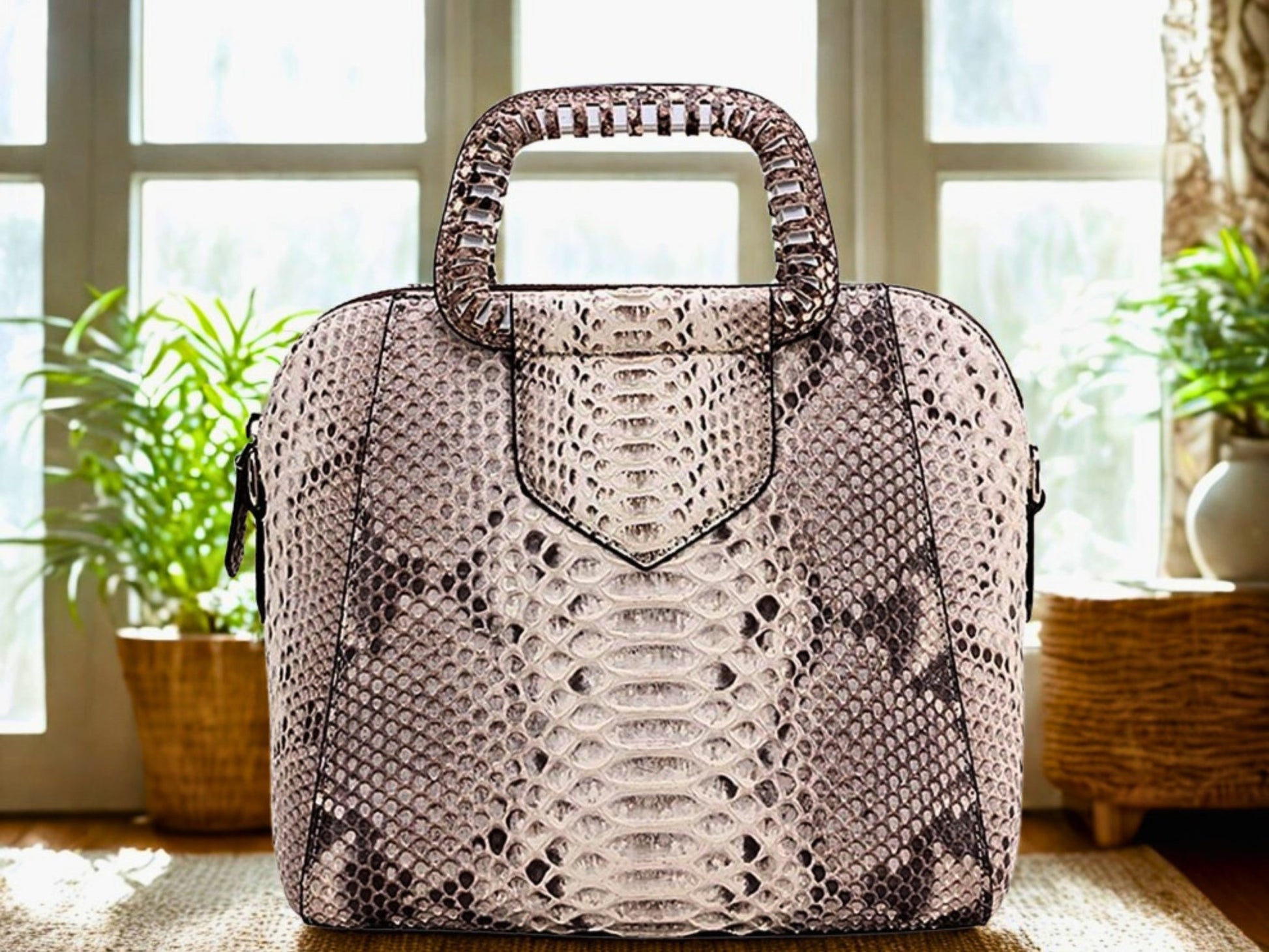 Top Handle Snakeskin Bag - Gray Color