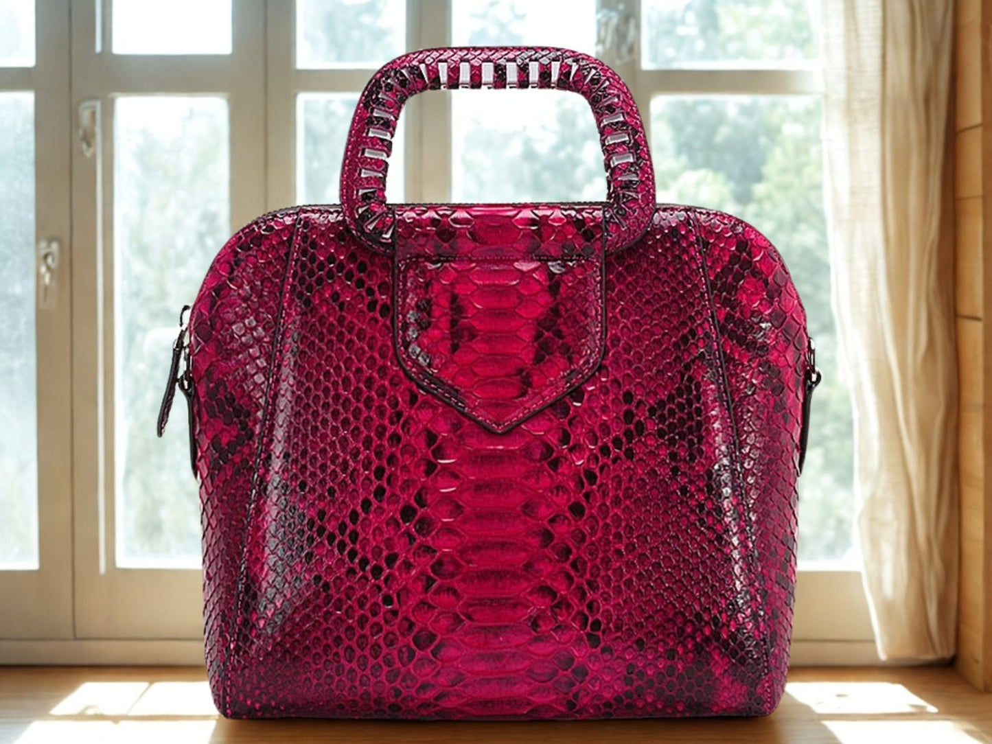 Top Handle Snakeskin Bag - Red Color