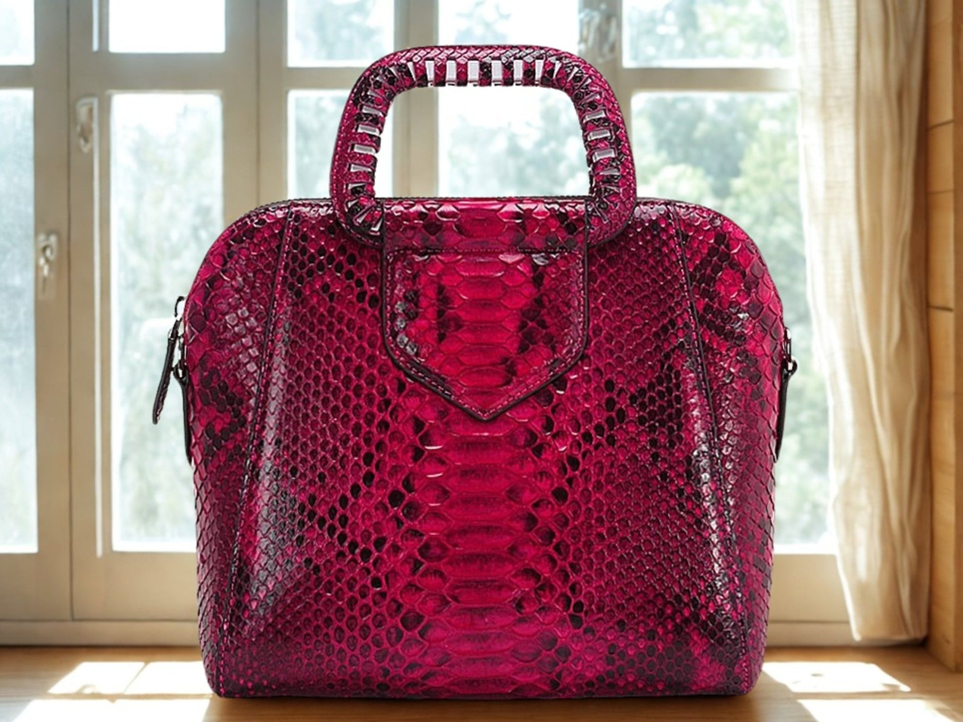 Top Handle Snakeskin Bag - Red Color