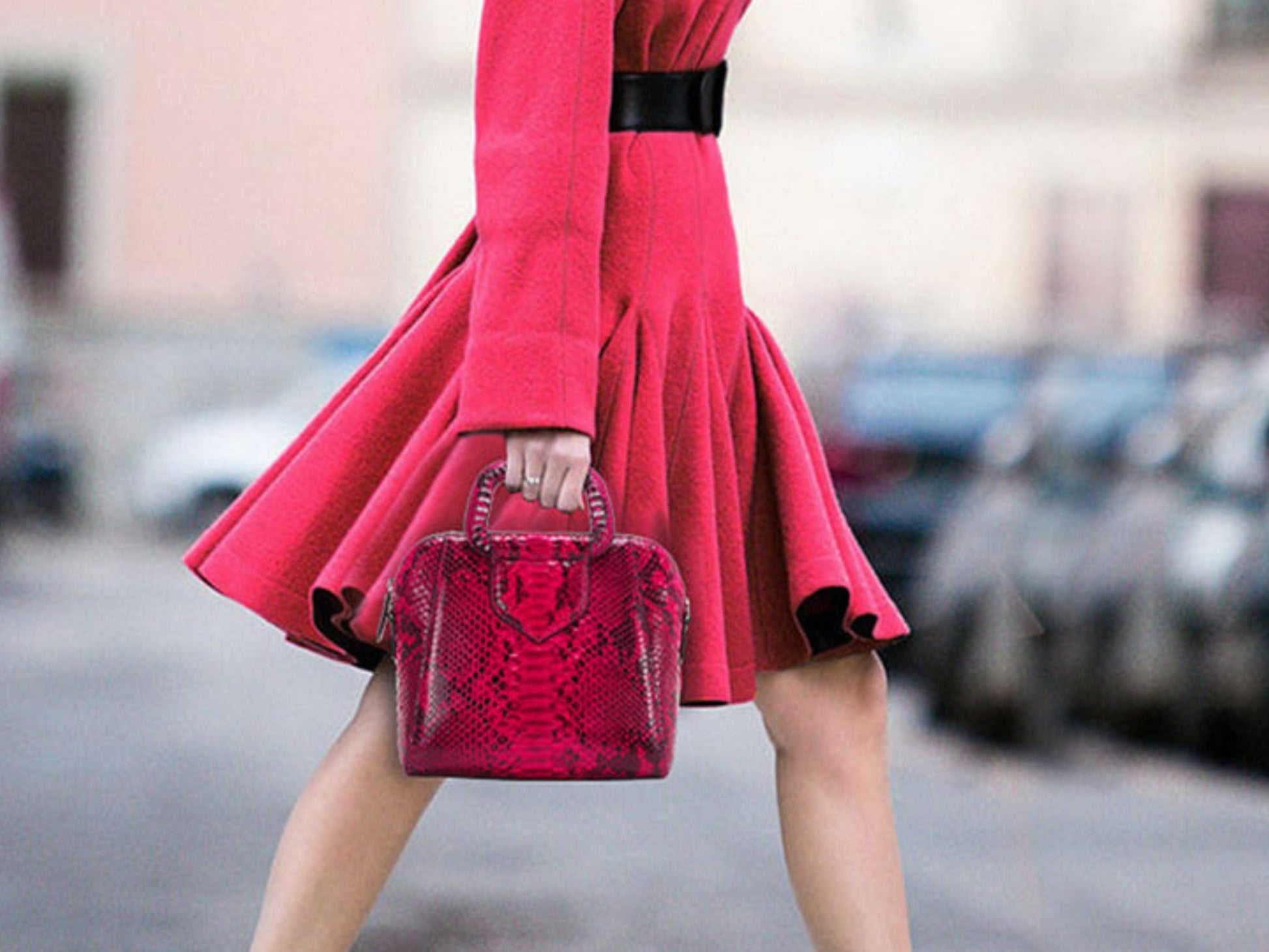 Top Handle Snakeskin Bag - red Color use by model