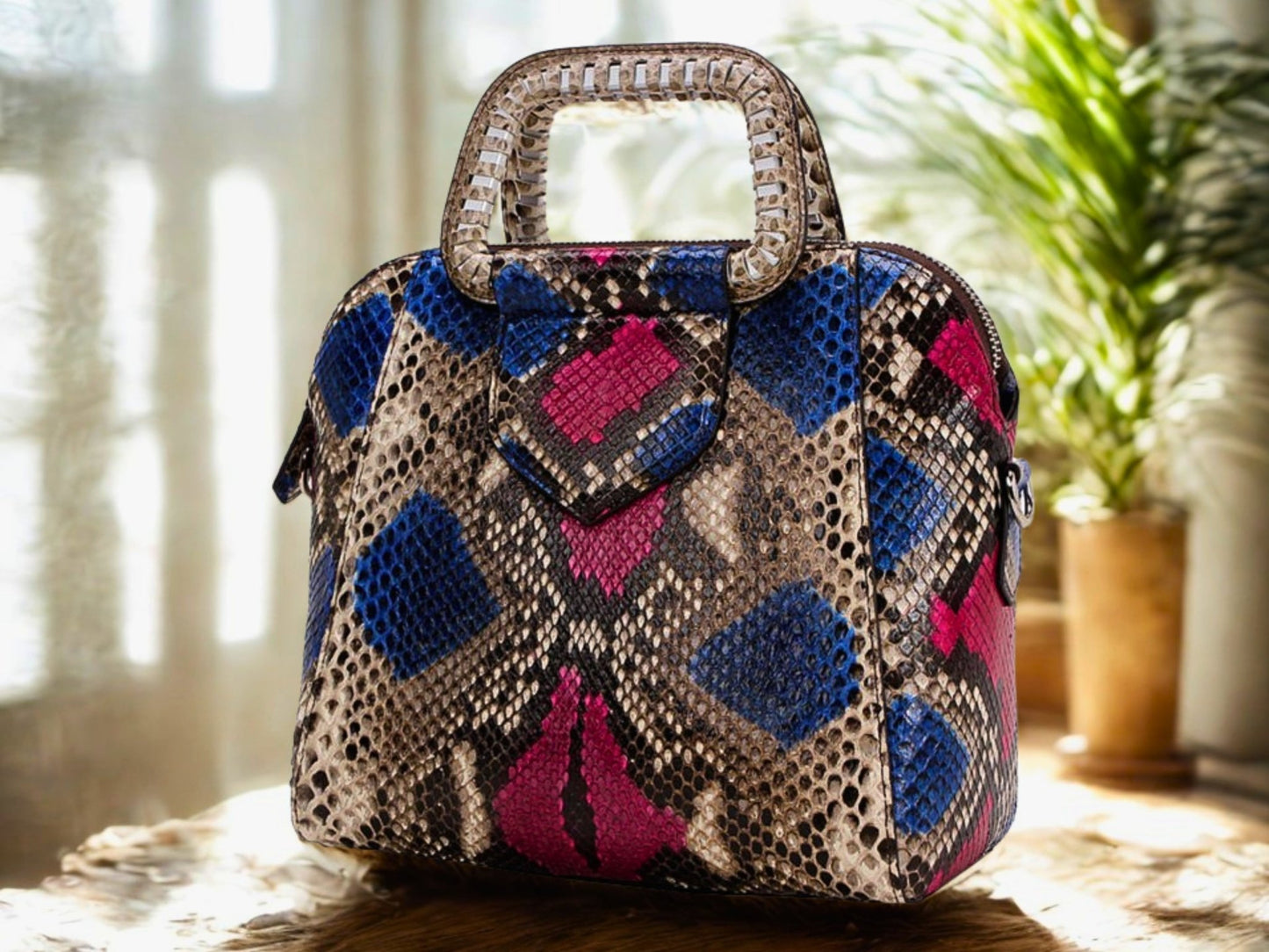 Top Handle Snakeskin Bag  on backside view